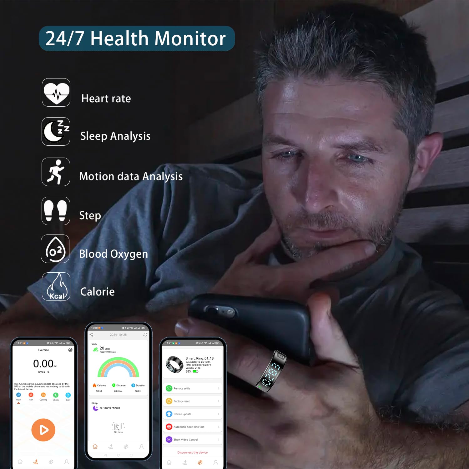 PXOEH AI Smart Ring,Fitness Tracker for Men Women,Heart Rate, Blood Oxygen, Sleep Monitors.Women's Health Tracker. No app Subscription fee.LED Display,Comfortable and Wearable (Black 11#)
