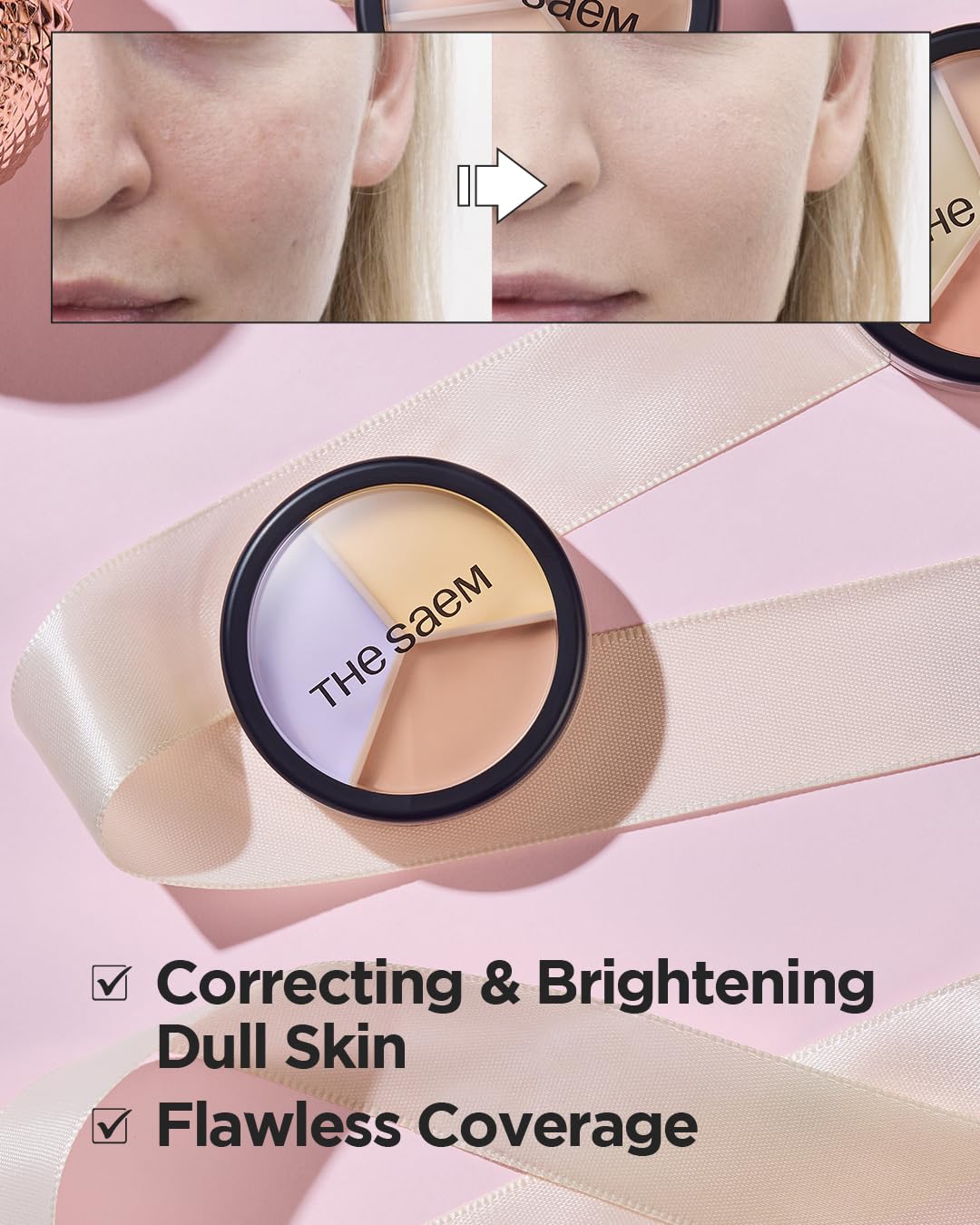 THESAEM Cover Perfection Triple Pot Concealer - 04 Tone Up Beige for Brightening & Vitality - 3-Color Multi Concealer Palette for Dull Yellow Tone - Korean Makeup with Sweet Almond Oil & Herbal Water - Image 2