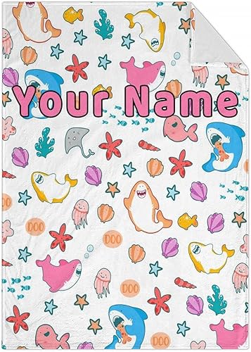 Miniatura 10 de Manta de tiburón personalizada para niñas y niños, tamaño de cuna, 40 x 50 pulgadas, manta suave y cálida y mullida para regalo, manta blanca bonita