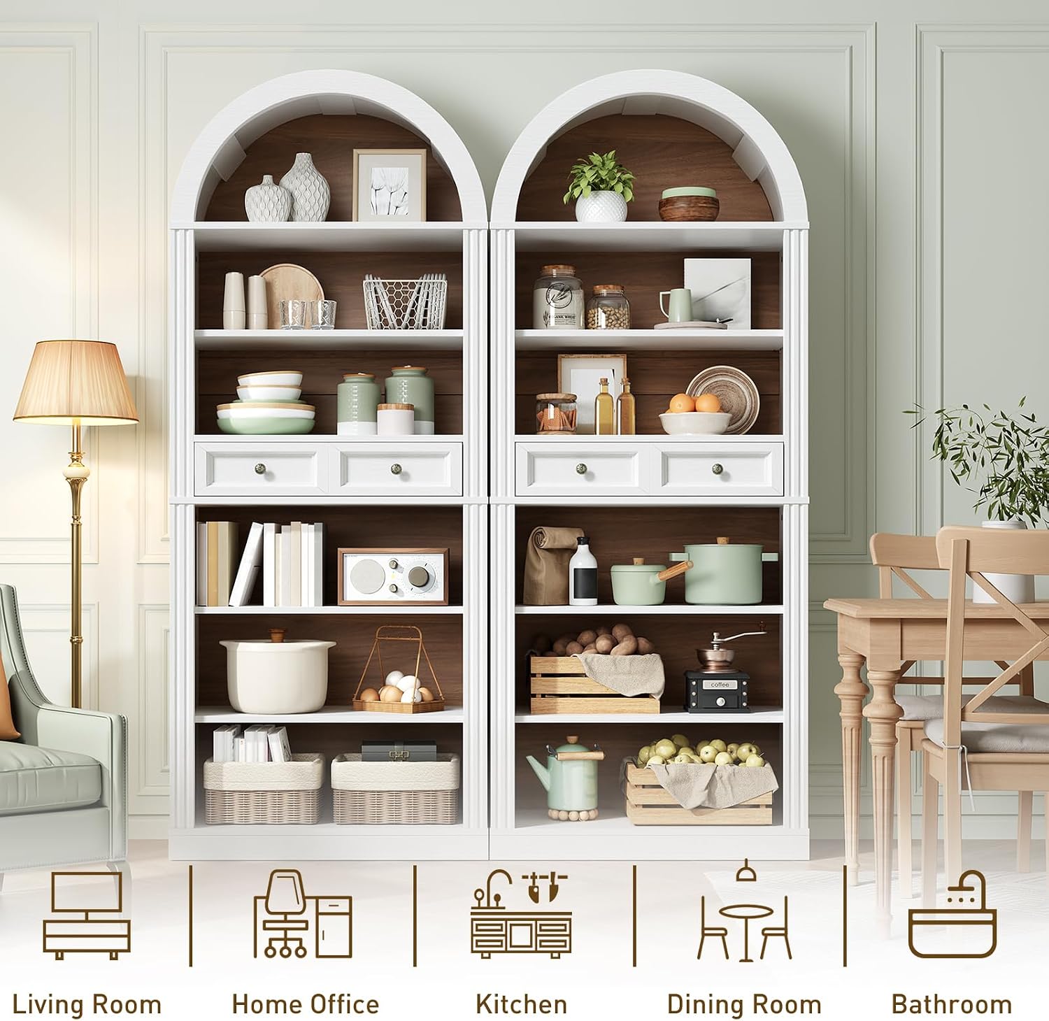 RALGEND Arched Bookshelf, 73" Tall Arch Bookcase with Drawer, 6-Tier Farmhouse Book Shelf, Wooden Bookshelf with Open Display Shelves for Living Room, Office, Adjustable Shelf, Walnut and White