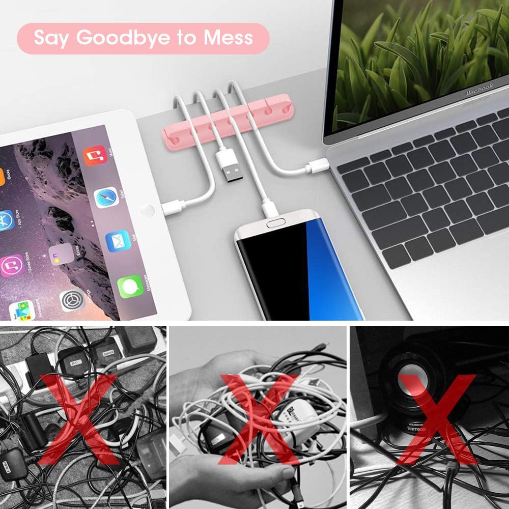 3 Pack Cable Organizer Clips, Cable Management Cord Holder Self Adhesive Silicone Wire Holders for Organizing USB Charging Cable/Power Cord/Mouse PC Desktop Travel Home Office Car-Pink