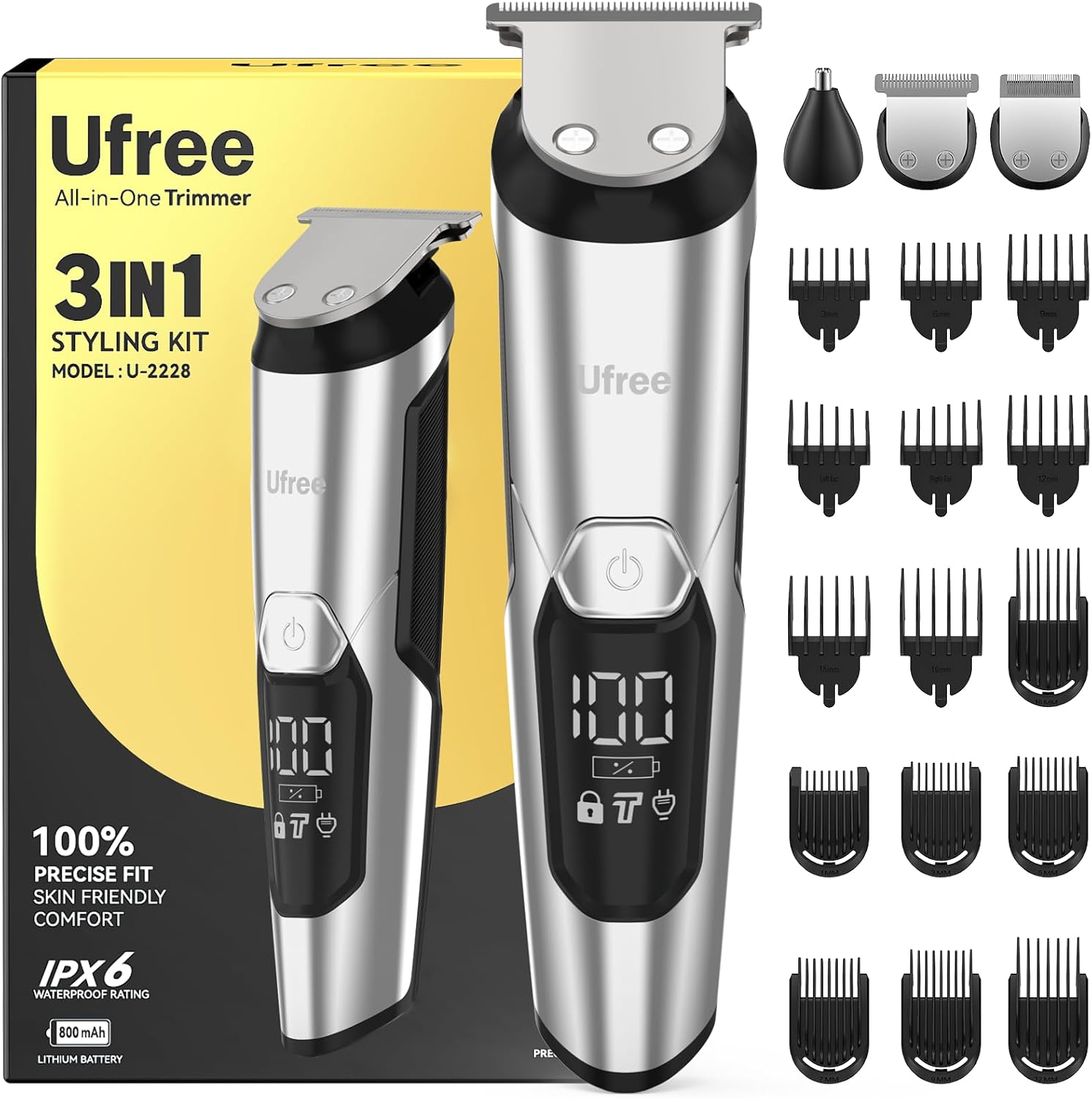 Ufree 3-in-1 Beard Trimmer Kit, Men's Electric Shaver Razor for Mustache Body Nose Facial Hair, Professional Hair Trimmer, Rechargeable Clippers, Waterproof Beard Grooming, Birthday Gifts for Men Silver