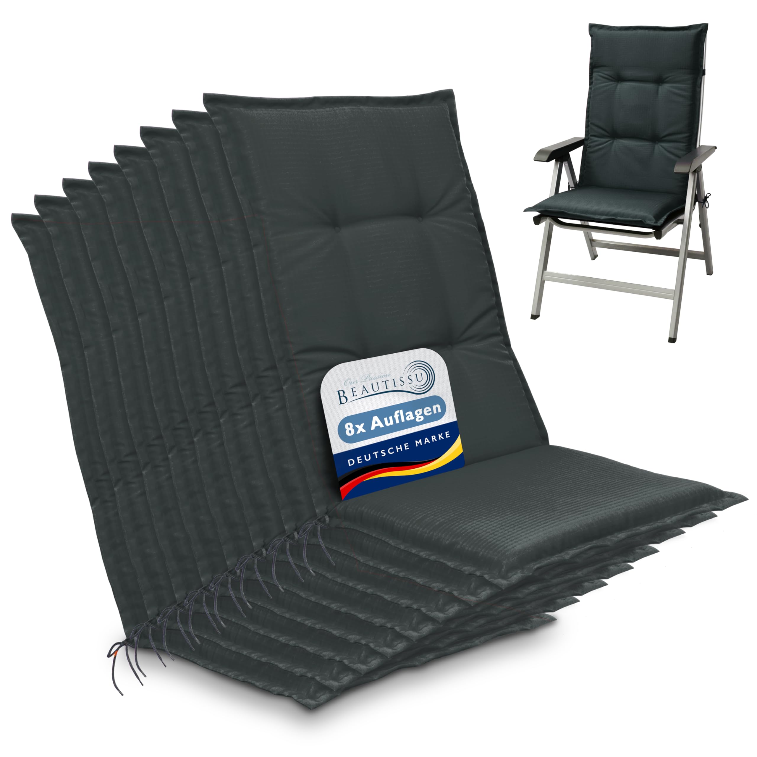 Beautissu Set of 8 Outdoor Garden Chair Cushions with Backs High 120x50x6 cm - Anthracite Seat Cushions for Garden Chairs Patio Furniture Recliner Rattan - Soft Foam Core - Base HL
