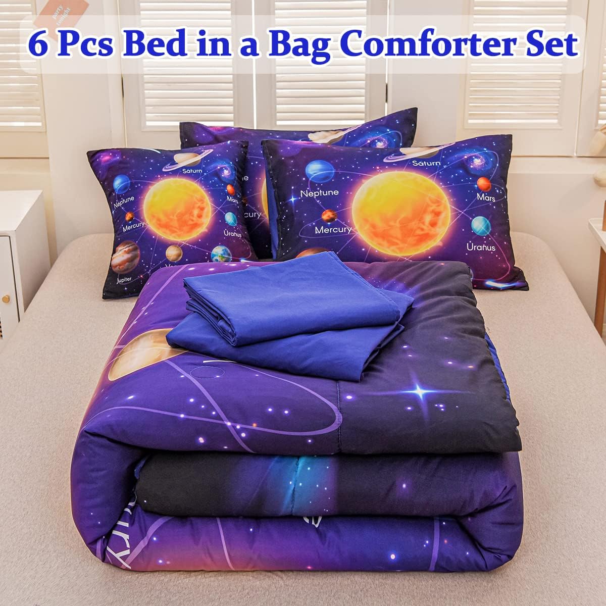 Twin Size Comforter Sets for Boys, Space Bedding Set Twin Bed in a Bag, 6 Pcs Universe Planet Galaxy Comforter Set with Sheets - Image 2