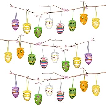 Easter Eggs Decoration Easter Eggs for Hanging 24 x Colourful Easter Eggs Made of Plastic for Hanging Easter Decoration Plastic Easter Eggs for Hanging Outdoor and Indoor Eggs Easter Decoration with Ribbon Easter Shrub Decoration