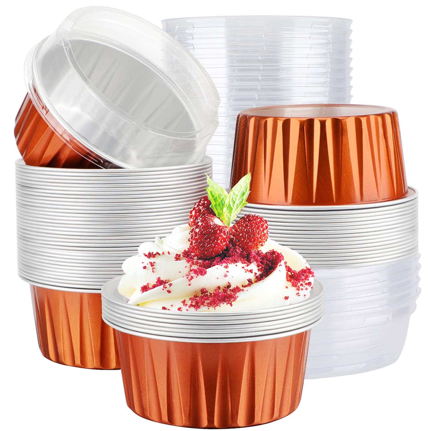 EUSOAR Aluminum Foil Cups, 5oz 50pcs muffin Baking Cups with Lids, 3.34"x2.59"x2.35" 125ml Snacks Desserts Flan, Cupcake Pie Ramekin, Recyclable