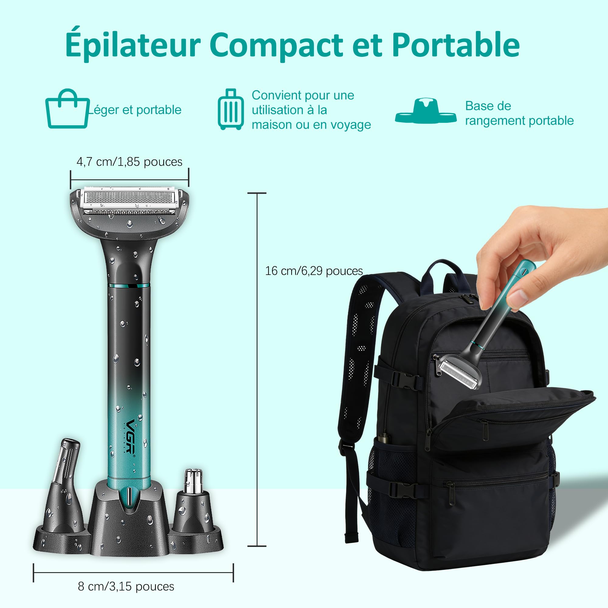 VGR 625 3 en 1 Tondeuse Partie Intime Homme, Rasoir Nez Homme Sans Fil | Tondeuse Multifonction Convient avec Base pour La Poitrine, Jambes, Aisselles, Le Nez et Le Visage, Étanche IPX5, Vert
