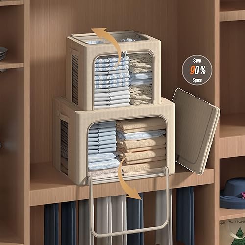 Miniatura 6 de FHSQX Contenedores plegables de almacenamiento de ropa, paquete de 2 unidades, caja de almacenamiento de ropa apilable con marco de metal, juego