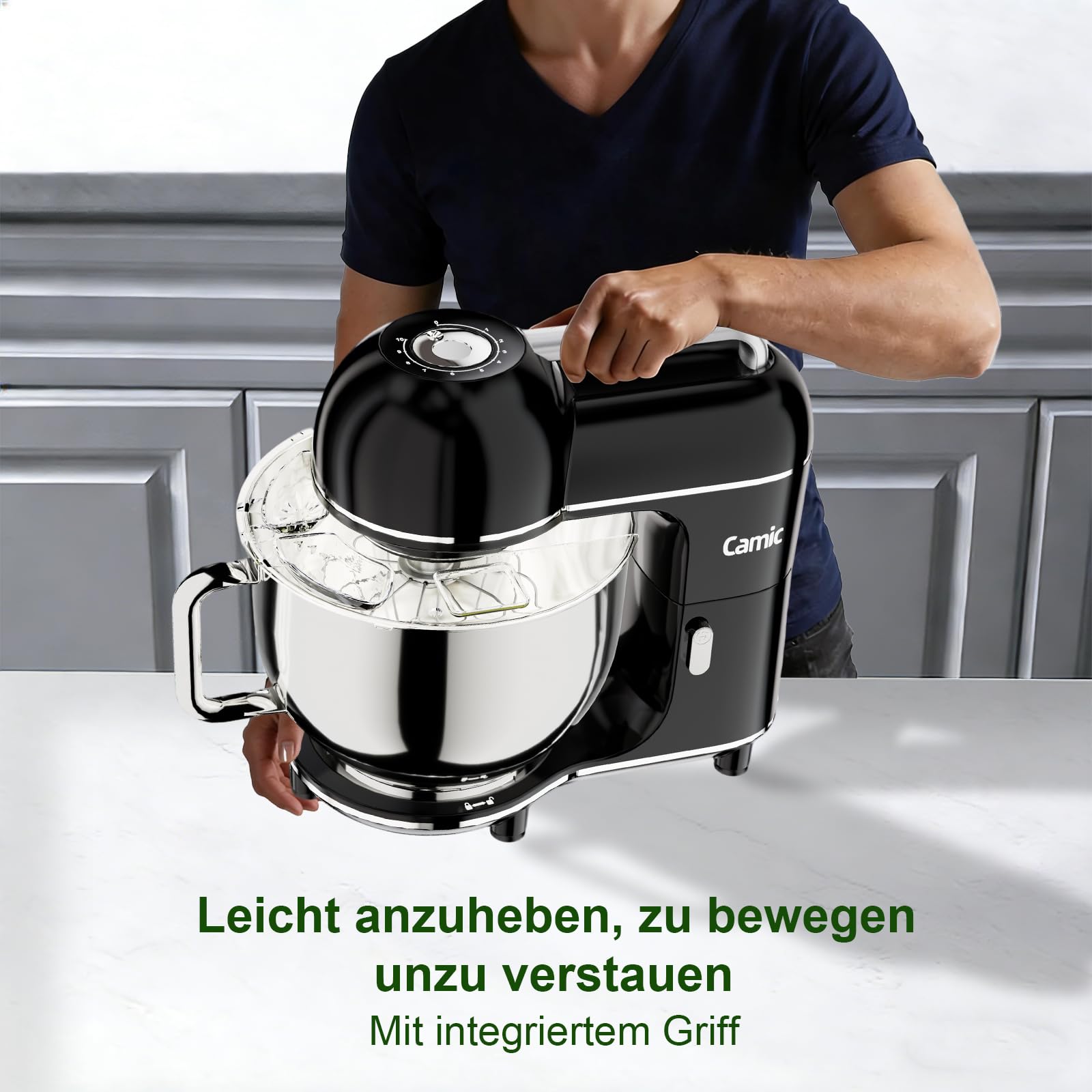Camic Küchenmaschine - 2000W - Teigmaschine 10 Stufen mit Tragegriff, Edelstahl Rührschüssel (7L), Knetmaschine mit Rührhaken, Knethaken, Schlagbesen und Spritzschutz