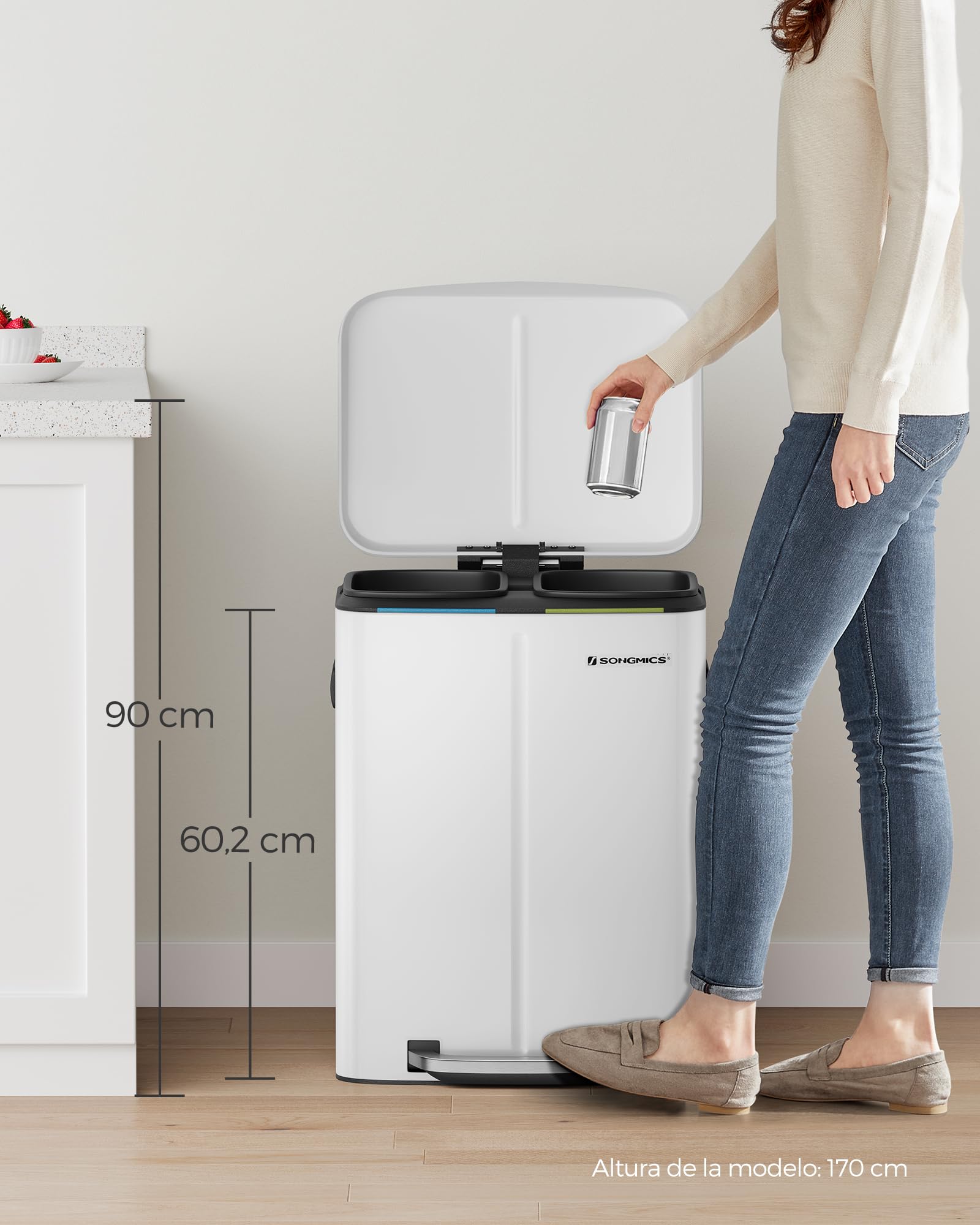 SONGMICS Cubo de Basura Doble, 2 x 20 L Cubo de Cocina, Cubo Metálico Pedal de Doble Compartimento, con Cubos Interiores de Plástico, Tapas de Cierre Suave y Asas, Sello Antiolor, Blanco LTB40WT