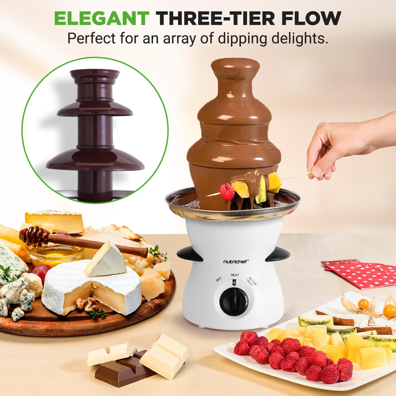 "NutriChef Fontana Fonduta Cioccolato Elettrica 3 Livelli, Sciogli Cioccolato, Dolci, Scalda, Piano Cucina Facile Pulizia, per Fragole, Marshmallow, Burro e Formaggio e Frutta, Bianco "