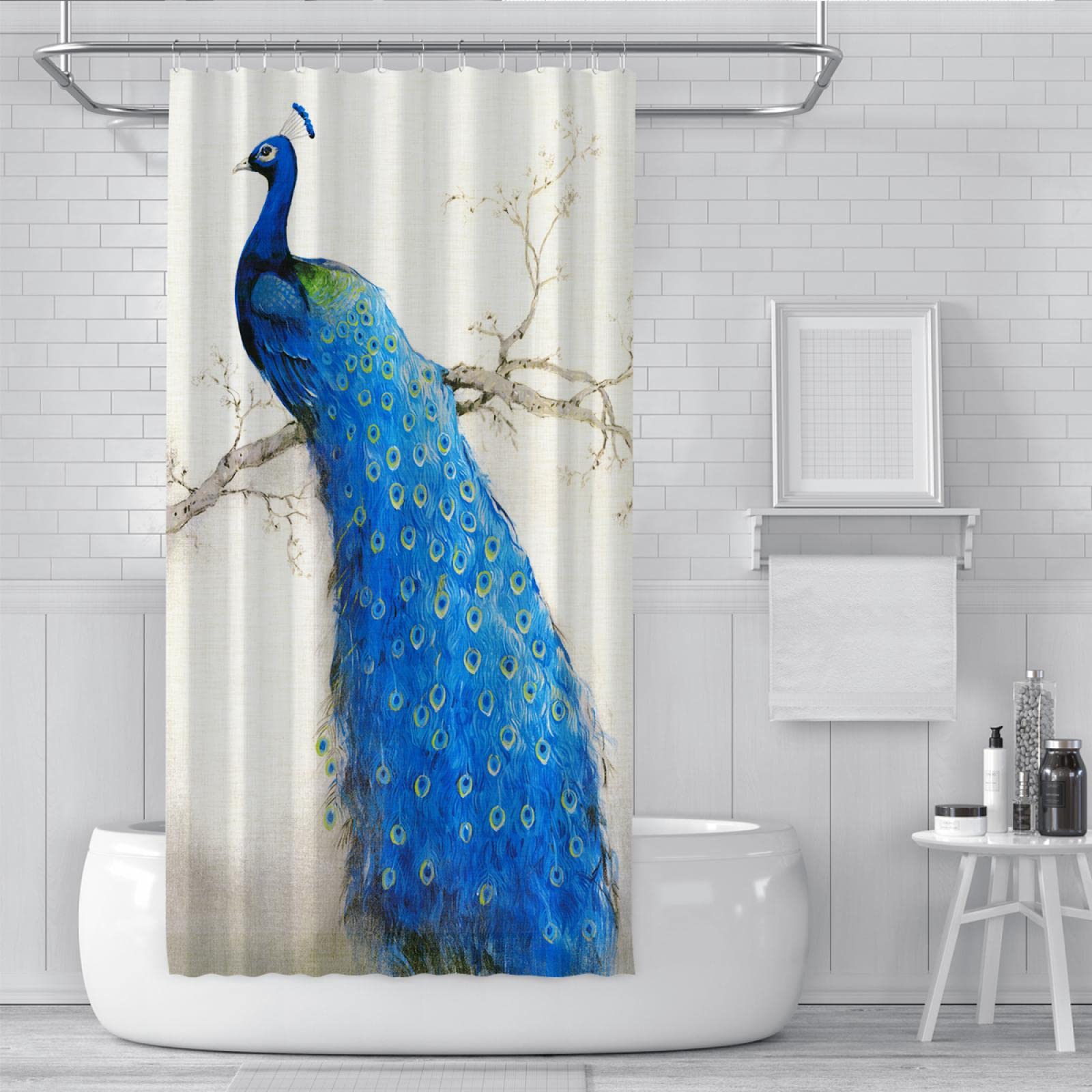 Cortina de Ducha de Pavo Real Azul Decoración de Cortina de baño Familiar Tela Impermeable Cortina de baño húmeda y Seca separada con Ganchos W220xL200cm