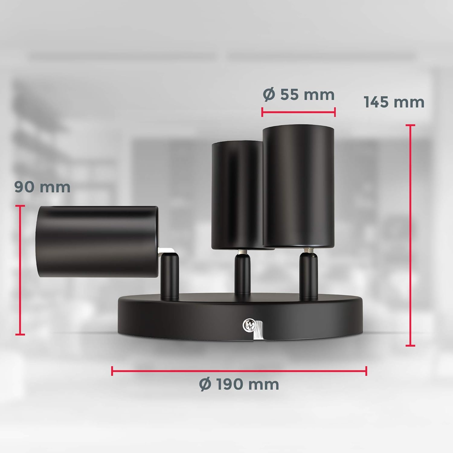 Diagram showing the dimensions of the B.K.Licht 3-light ceiling spotlight bar.