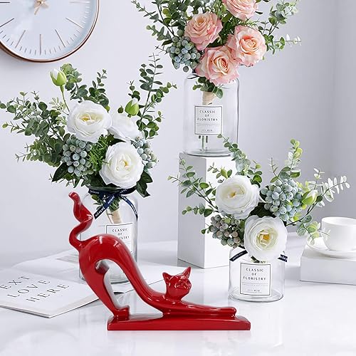 Miniatura 3 de DreamsEden Estatua de gato moderna para decoración del hogar, figura de animales de resina para sala de estar, dormitorio, estante (rojo)