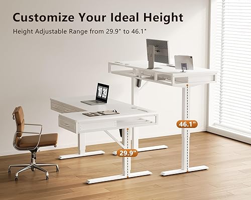 Miniatura 5 de OffiGo Escritorio Eléctrico de Pie en Forma de L con Cajones de Madera, Estación de Trabajo de Esquina Ajustable en Altura de 55 Pulgadas con Tomas