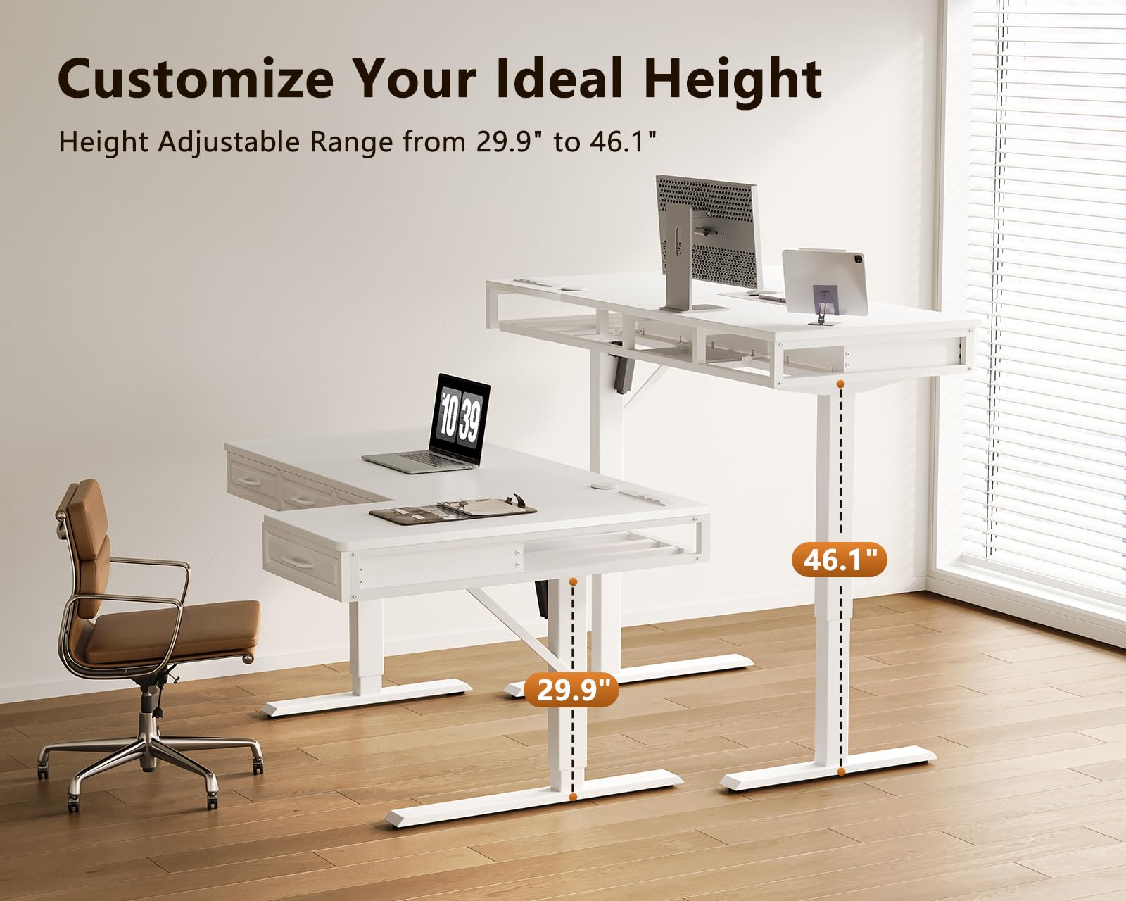 OffiGo L Shaped Electric Standing Desk with Wooden Drawers 55 Inch Height Adjustable Corner Workstation with Power Outlets — view 5