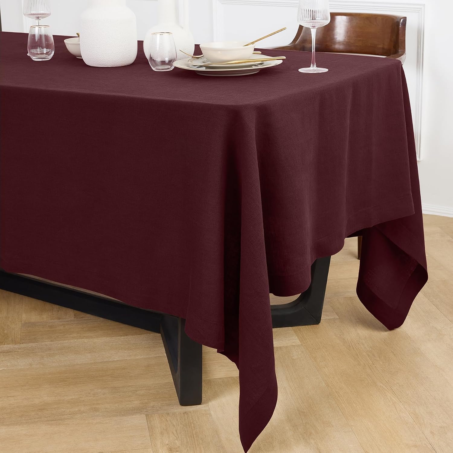 Solino Home Burgundy Linen Tablecloth 70 x 144 Inch - 100% Pure Linen Rectangular Tablecloth - Machine Washable Table Cloth - Sonoma