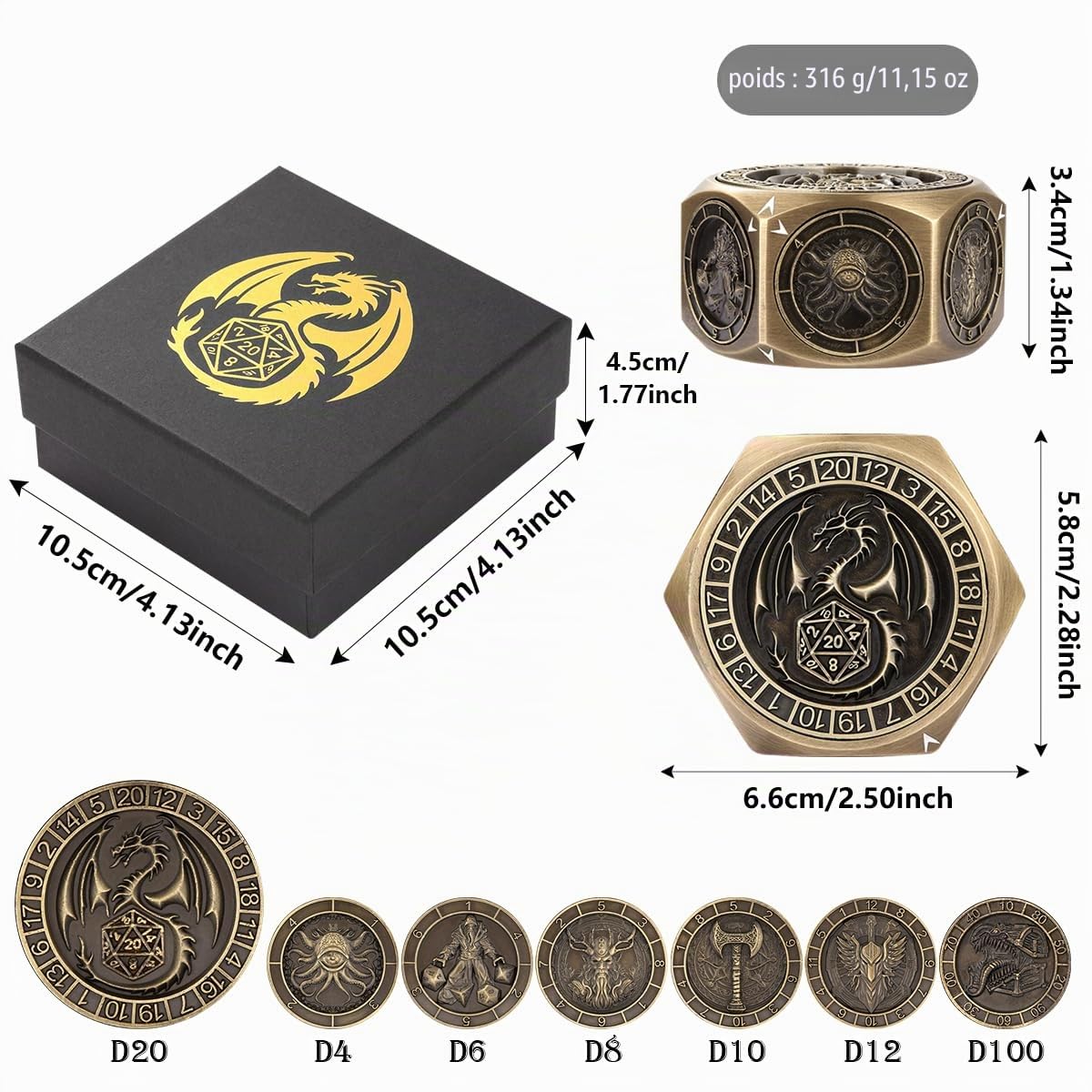 Set de Dés Rotatifs DND, 7-en-1 Métal Dés Spinner, Design Relief 3D Hexagone-8 Côtés, Dés Polyédriques Rotatifs pour Jeux de Rôle, Cadeaux D&D avec Boîte Cadeau, Accessoires de Jeux de Société, Bronze