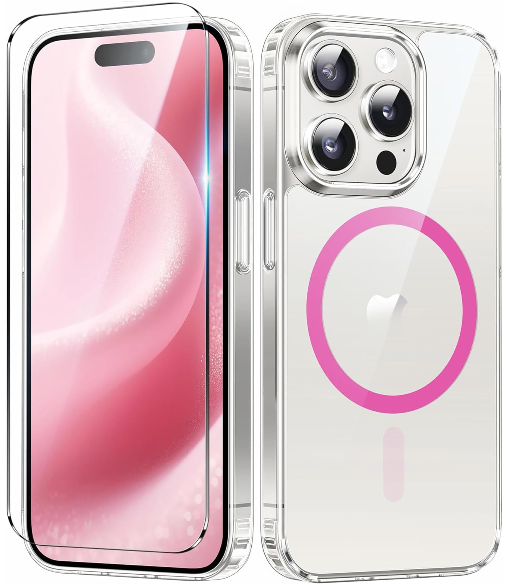 FNTCASE for iPhone 15 Pro Case: Anti-Yellowing Clear Case - Strong Magnetic & Shockproof Military-Grade Drop Protective Transparent Phone Cover(F-Hot Pink)