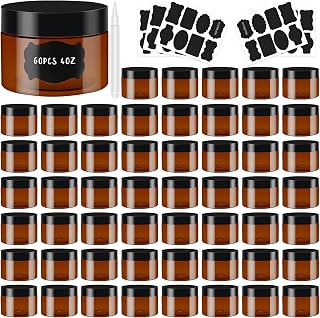 Amber Plastic Jars with Lids Refillable Round Storage Container for Cosmetic with Labels and Pen Small Empty Travel Jar for Lotion Gel Essential Oil Body Powders Ointments (109 Pcs,8.5 oz)