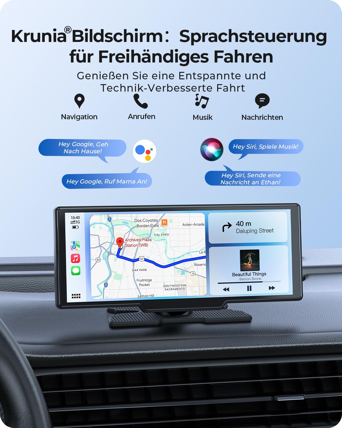 9,26" Drahtloses Tragbarer Car Play Display mit 4K-Front- & HD-Rückfahr-Dual-Dashcam für Apple CarPlay & Android Auto mit OTA-Updates, Mirror Link, Bluetooth 5.0, Sprachsteuerung, GPS, FM