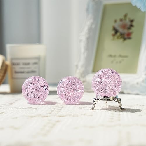 Miniatura 6 de H&D HYALINE & DORA Pisapapeles de bola de cristal rosa de 1.575 in con agrietado, bola agrietada de hielo de cristal con accesorios de soporte,