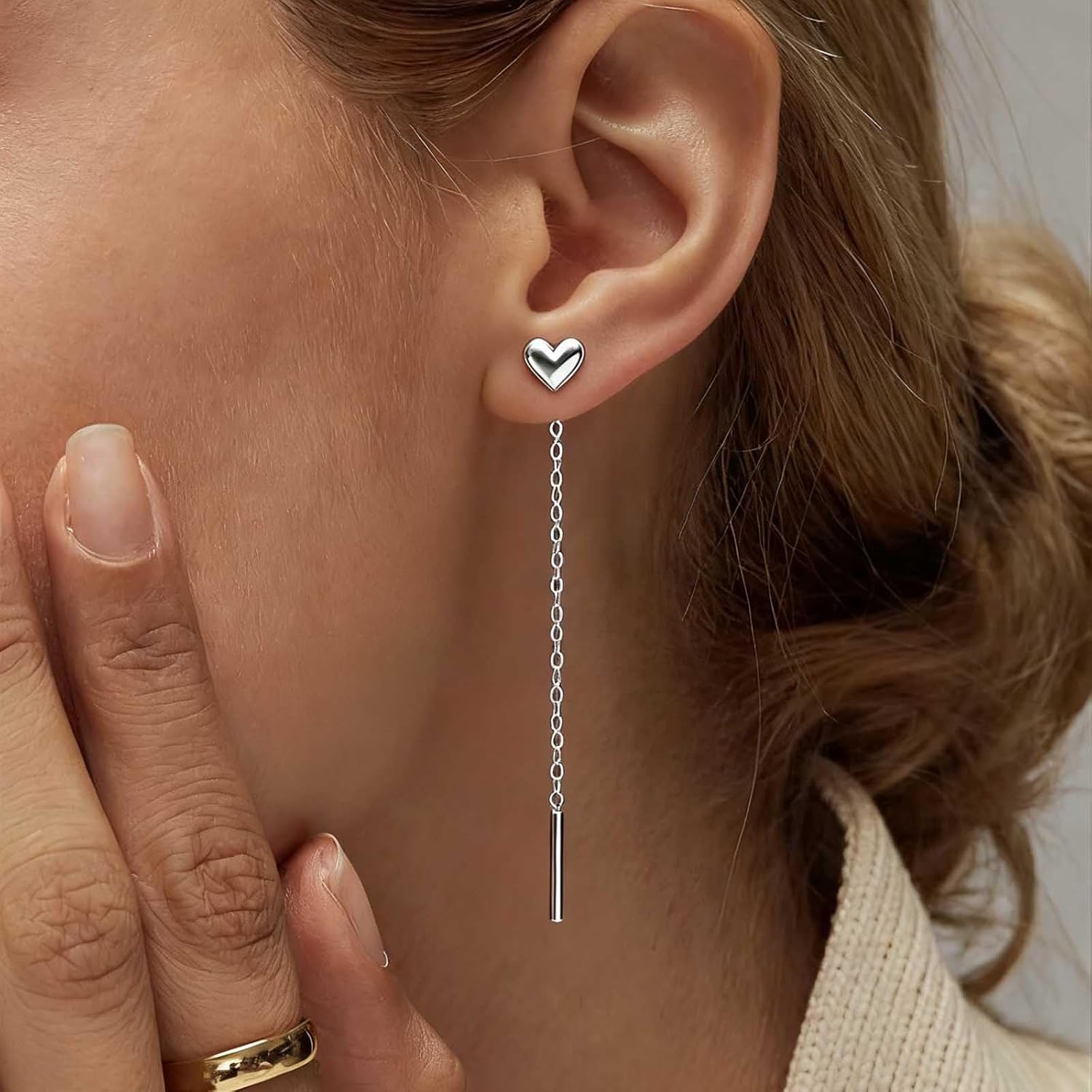 Andelaisi Boho Heart Chain Dangle Earrings Vintage Put Through Earrings Silver Chains Drop Earrings Minimalist Long Bar Chains Earrings Jewelry for Women - Image 5