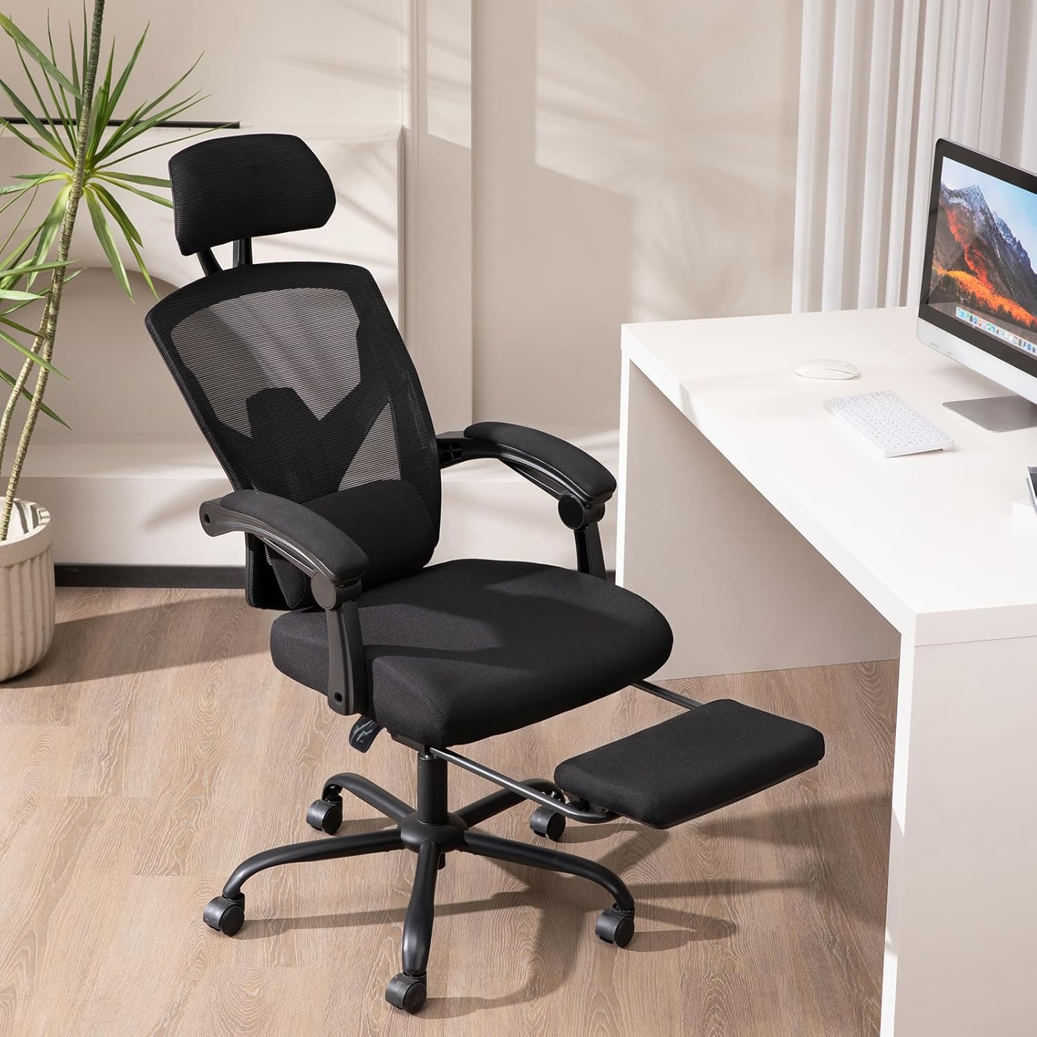 Sweetcrispy Office Desk Chair with Footrest, Ergonomic High-Back Mesh Rolling Work Swivel Chairs with Wheels, Comfortable Lumbar Support, Comfy Arms for Home, Bedroom, Study, Student,Inky