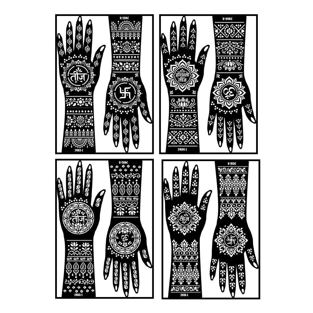 Traditional Hariyali Teej Text Mandala Design & Louts Art Mehndi Stencil Sticker Combo For Both Front And Back Hand-image-3