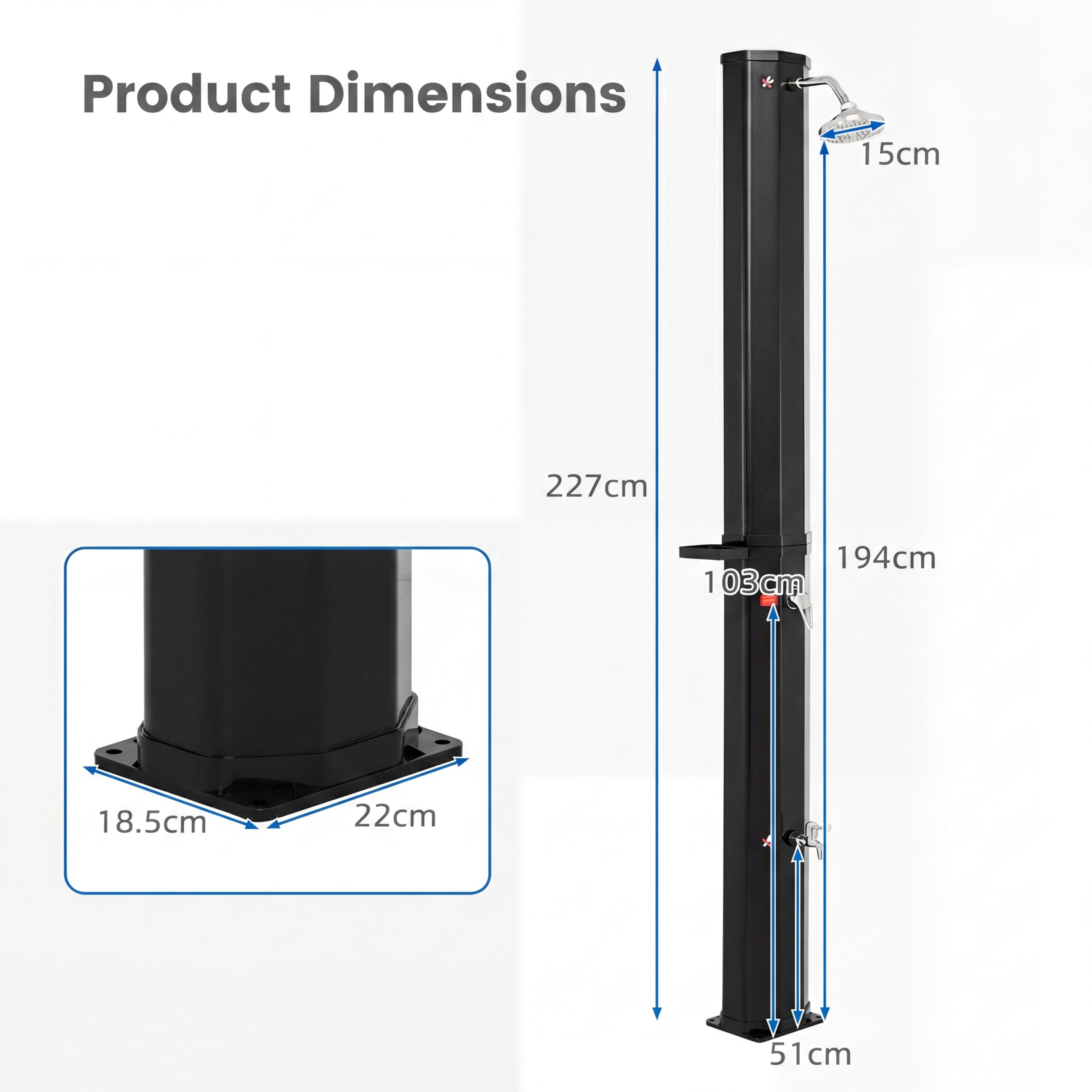 SOARS Doccia Solare da Giardino 60 L, 277 cm Doccia da Esterno con Copertura Protettiva, Soffione 360° e Rubinetto per Piedi, Max. 60 °C, per Piscina e Spiaggia