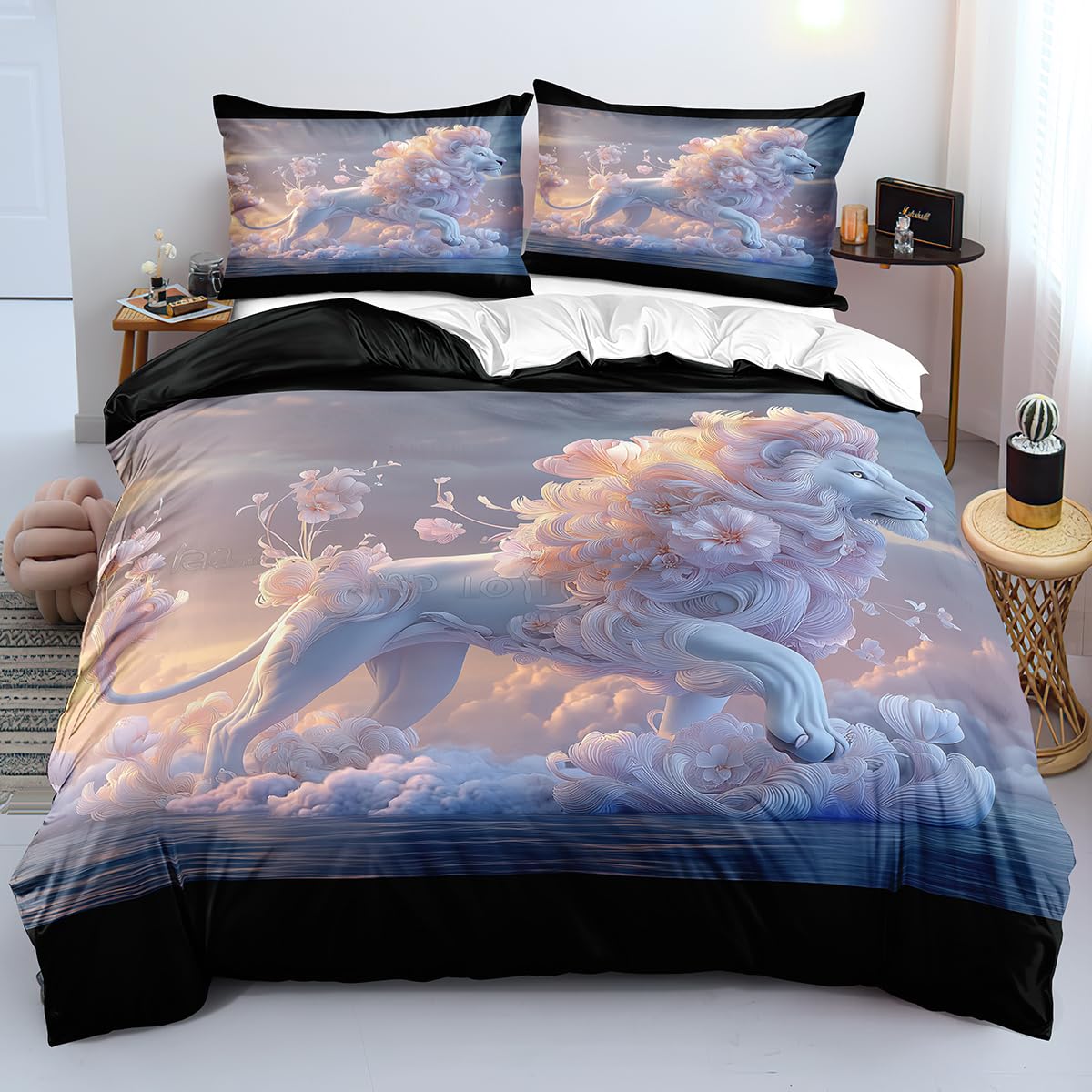 Parure de lit lion rose et fleurs de cerisier 200x200 cm avec housse de couette