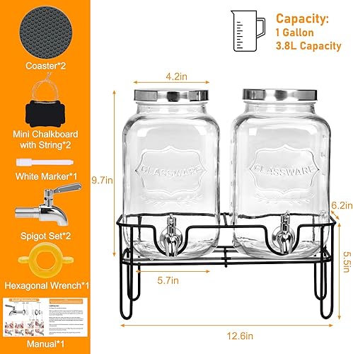 Miniatura 2 de Moretoes Dispensador de bebidas de vidrio de 2 galones para fiestas, paquete de 2 dispensadores de bebidas con soporte para jugo y té helado,