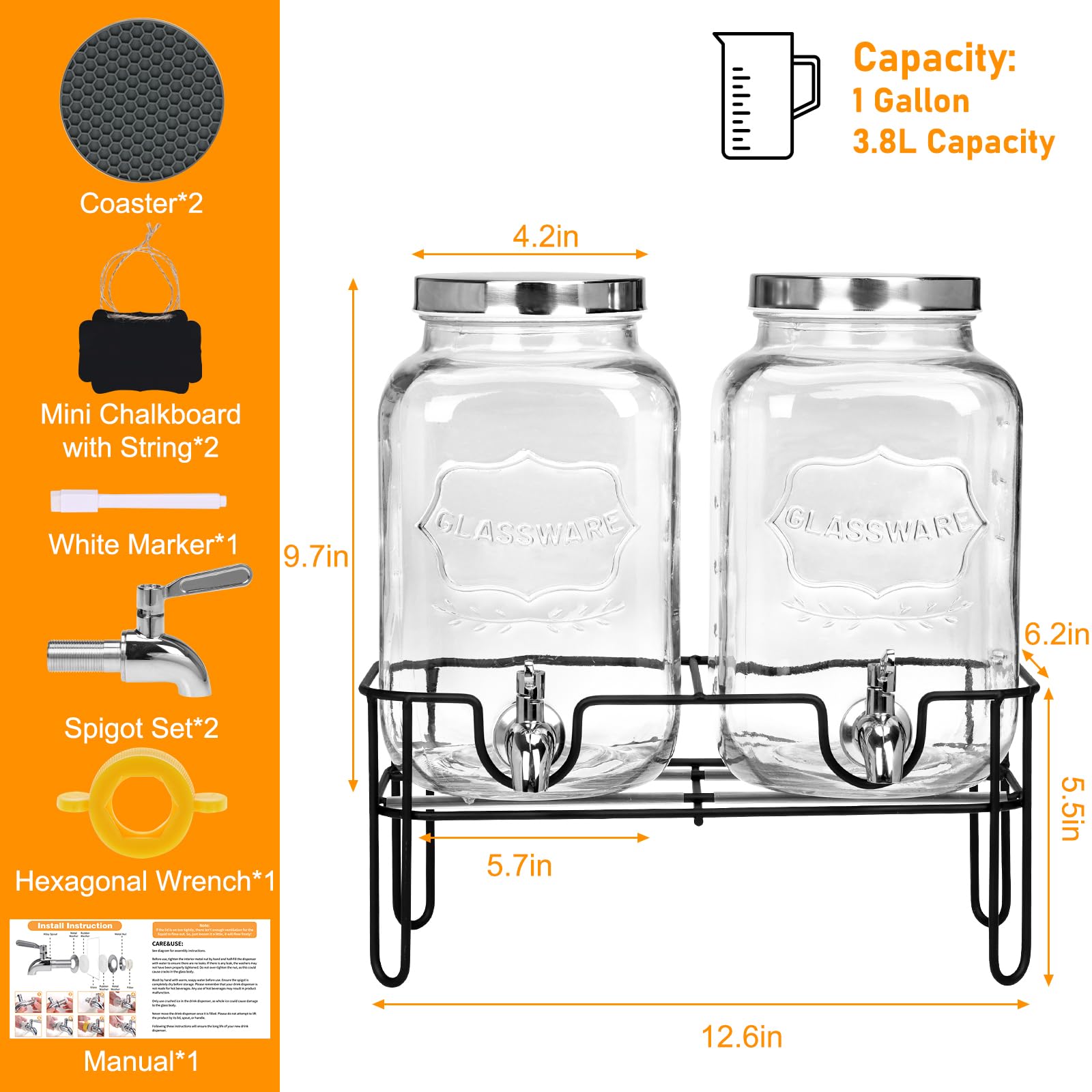 Moretoes Dispensador de bebidas de vidrio para fiestas, paquete de 2 dispensadores de bebidas de 1 galón con soporte para jugo y té helado, dispensador de jarra de agua para limonada, jarra de bebidas