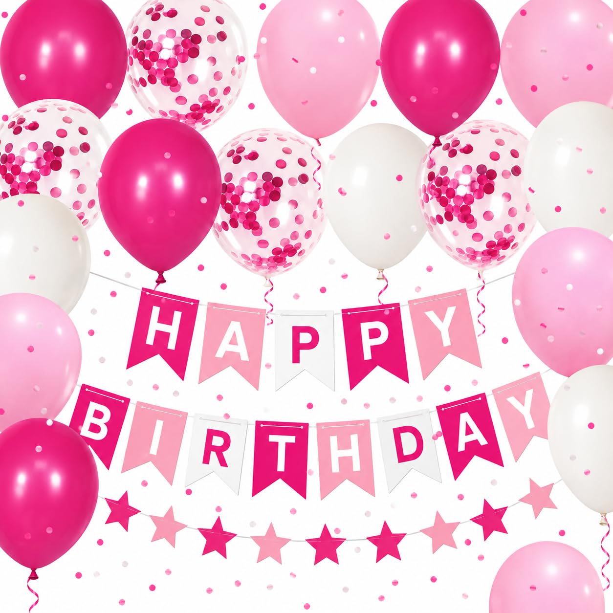 Pink Birthday Decorations for Girls, Pink Birthday Party Decorations Kit with Happy Birthday Banner, Star Garland, 18 Pink White & Confetti Balloons, Ribbon, Hooks & Needle, Girls Birthday Decor