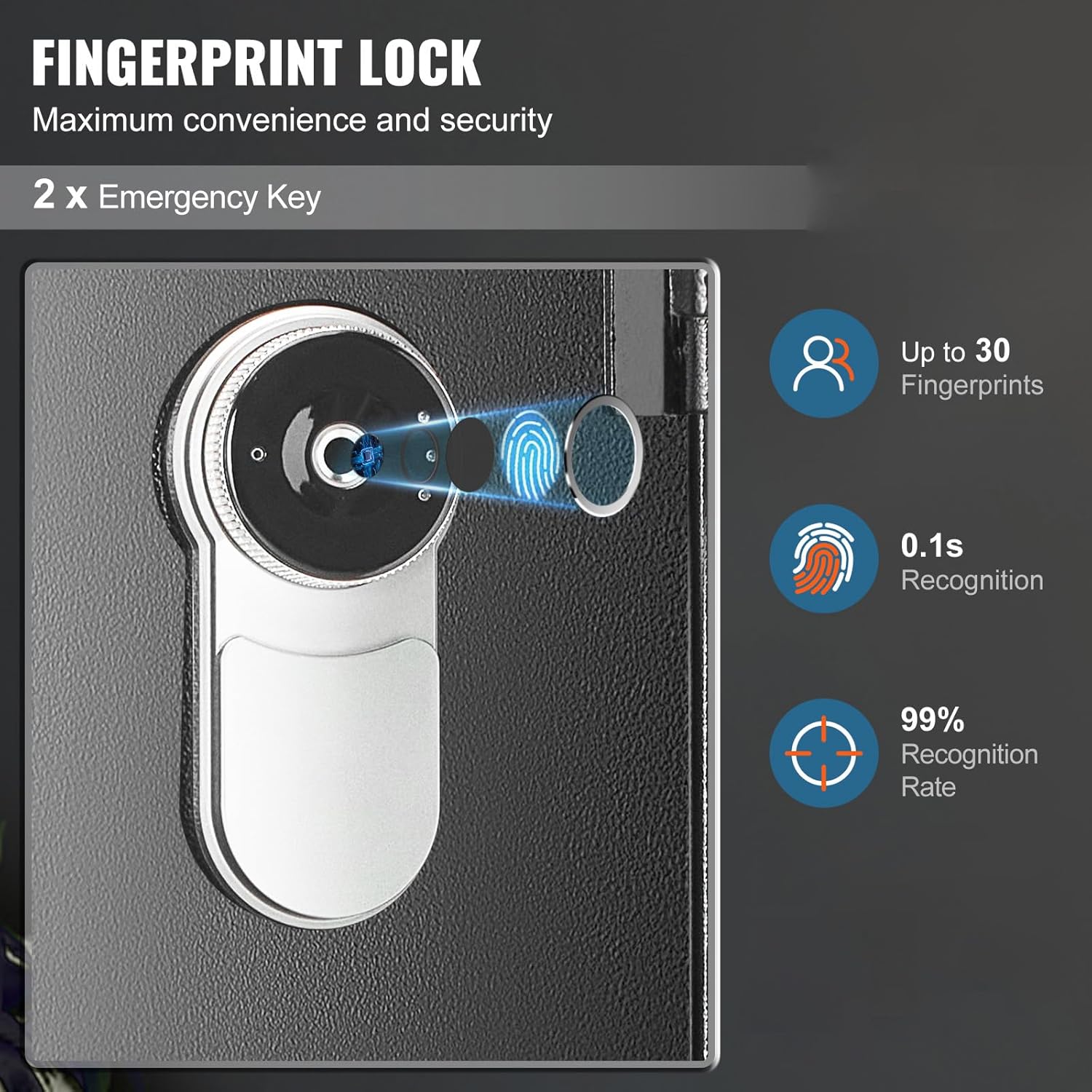 Close-up of the VEVOR gun safe's fingerprint lock mechanism, illustrating its ability to store up to 30 fingerprints with fast recognition.