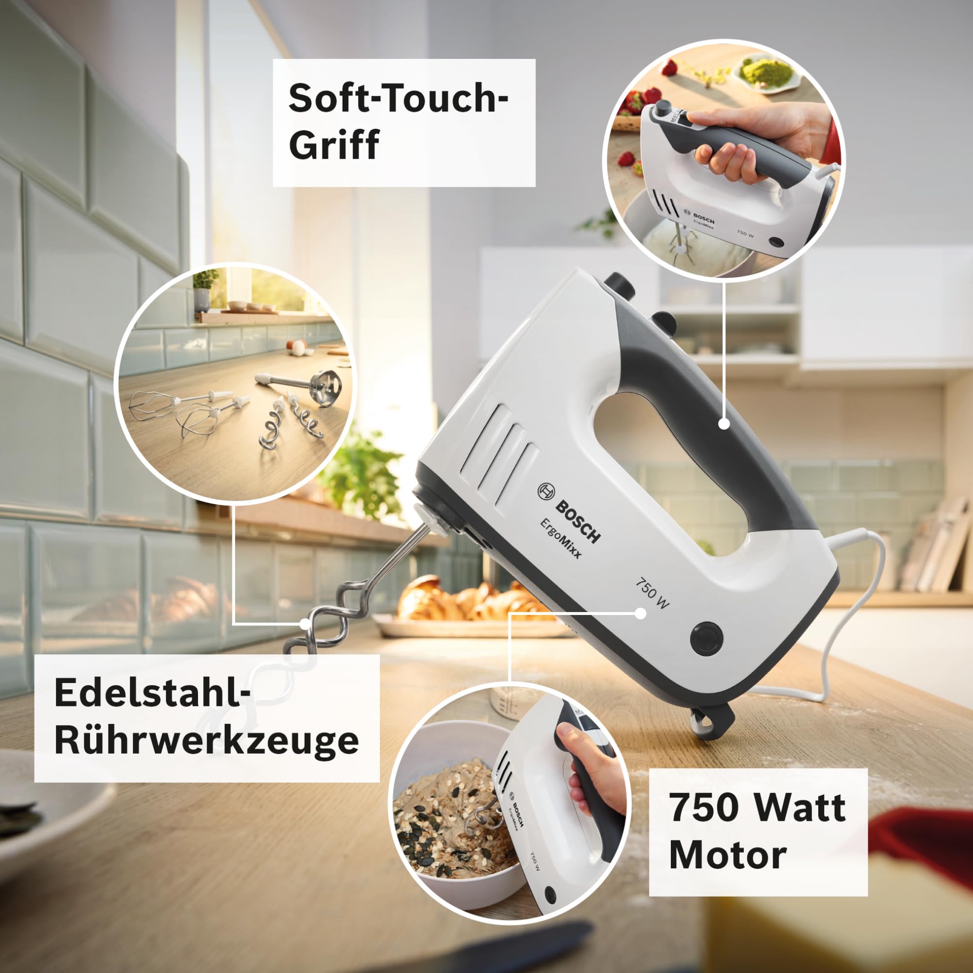 Bosch Handrührgerät, mit Pürierstab, Mixbecher, Edelstahl Rührer, Knethaken, spülmaschinenfest, 5 Stufen plus Turbotaste, weiß/grau, 750 W, ErgoMixx MFQ37470
