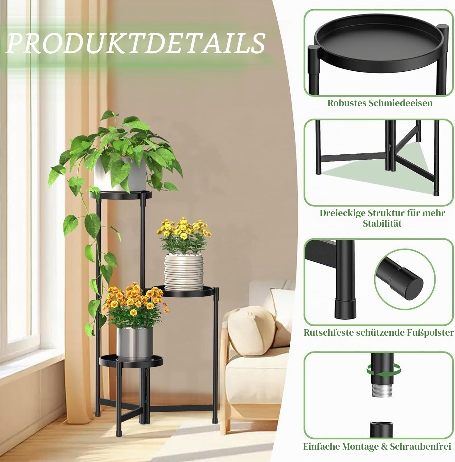 Blumenständer Metall mit 3 Ebenen, Pflanzenständer Metall mit 10 Zoll breiter Tablett, Platzsparender Blumenhocker für Zimmerecke, Wohnzimmer, Balkon, Terrasse, Hof (Schwarz)