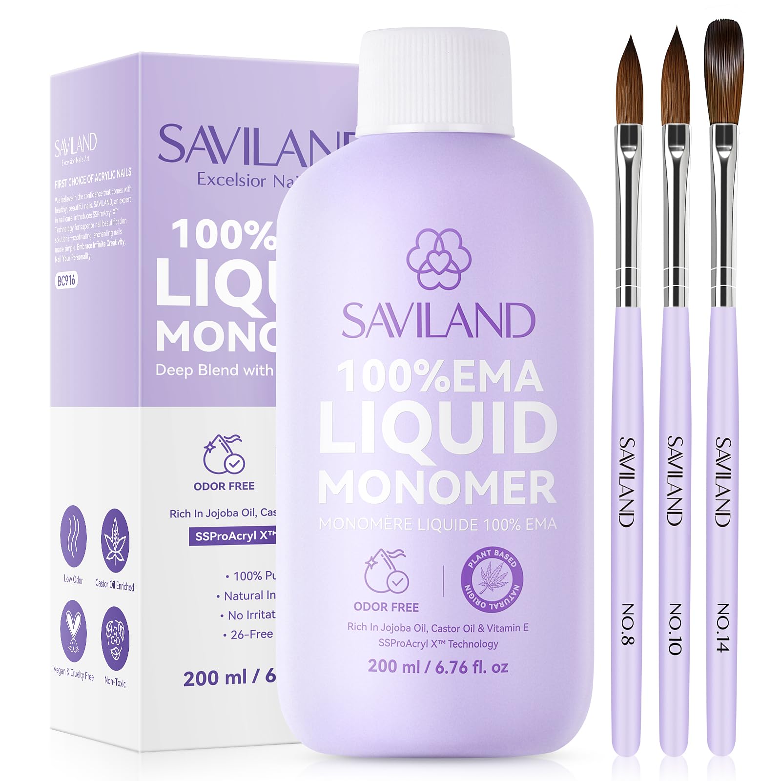 SAVILAND Advanced Acrylic Liquid with Acrylic Brushes Kit: 200 ml Low Odor Acrylic Monomer Liquid EMA Nail Monomer Liquid with 3 PCS Premium Acrylic Brushes Size (8/10/14) for Acrylic Nail Extension