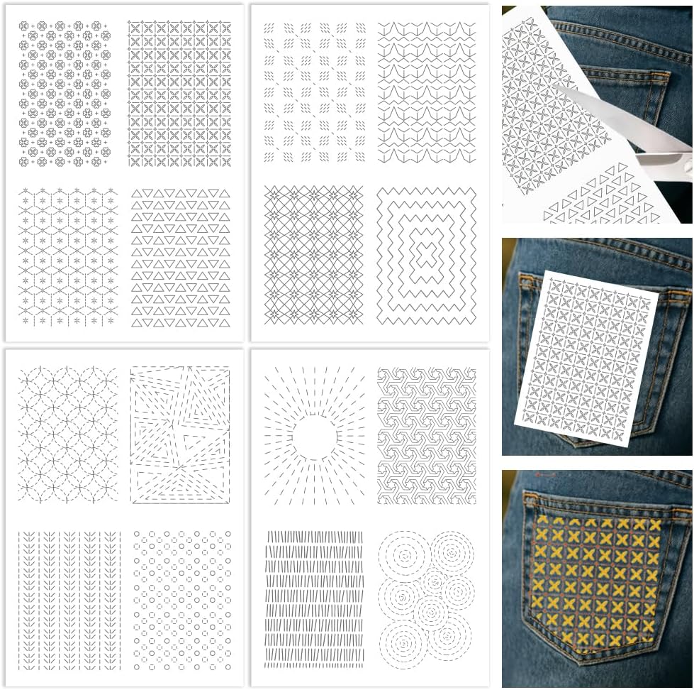 ORIGACH 4 Sheets Water Soluble Embroidery Patterns Stabilizers - Pre-Printed Sashiko Geometric Pattern Designs - Stick and Stitch Embroidery Paper Hand Sewing Stabilizers for Embroidery Beginners