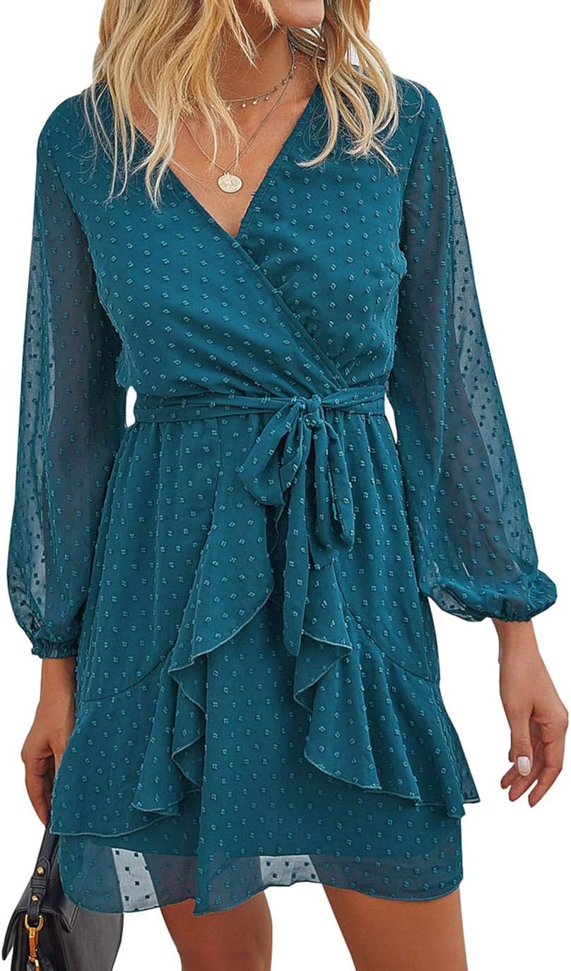 BTFBM Women Long Sleeve Dresses Faux Wrap Sexy V-Neck Swiss Dot Print Vintage A-Line Casual Solid Party Belt Short Dress
