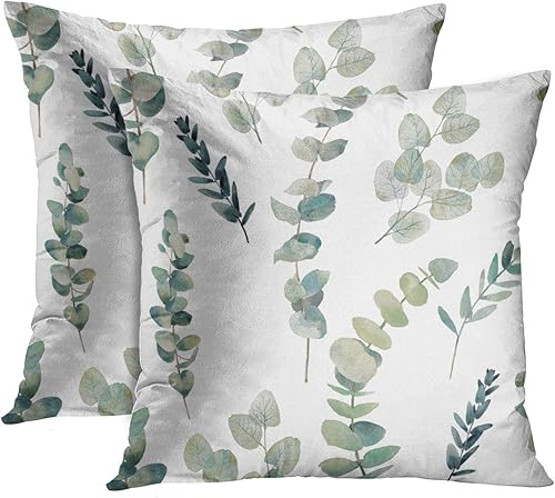 Emvency Juego de 2 fundas de almohada decorativas de hojas verdes, ramas de eucalipto, flores de mano con objetos vegetales sobre ramitas verdes