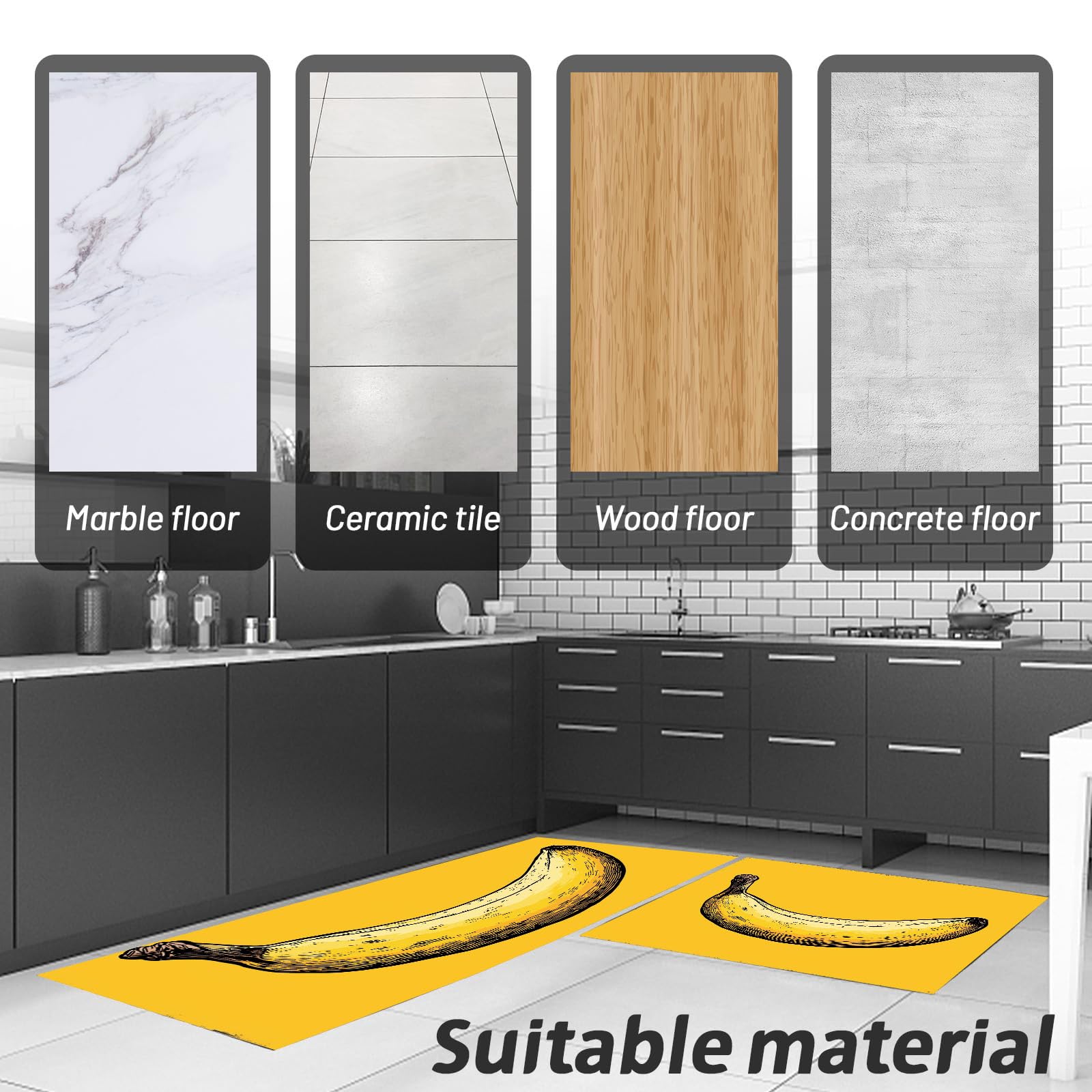 Set di 2 Tappetini da Cucina Antiscivolo Banana Gialla, Set di Tappetini da Cucina Lavabili per Ufficio, Camera da Letto, Corridoio, Sala da Pranzo Giallo 43x75cm+43x150cm