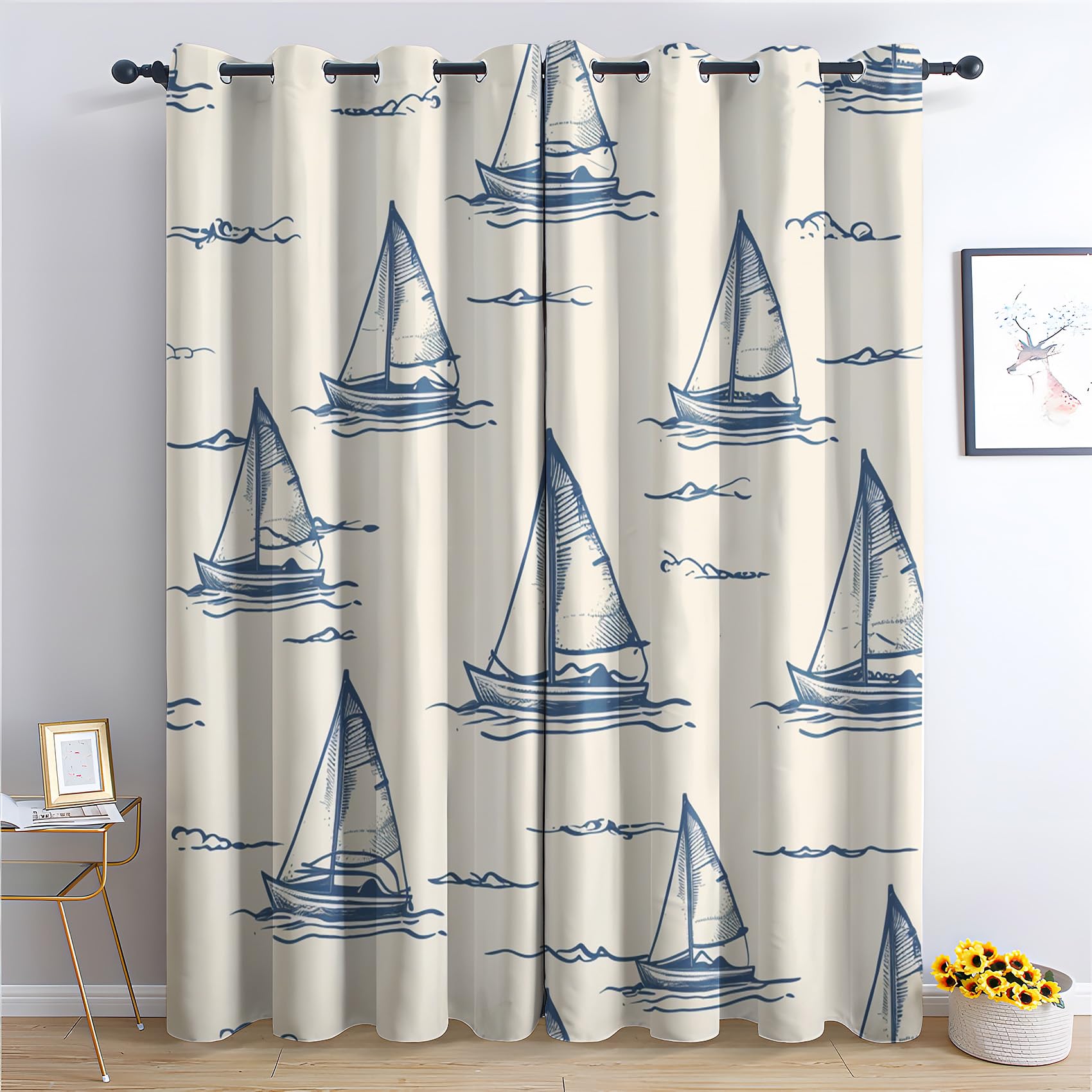 Qfizzorant Sailboat Curtains for Bedroom - Nautical Blackout Curtains for Living Room - Decorative Patterned Grommet Drapes - Window Treatments & Home