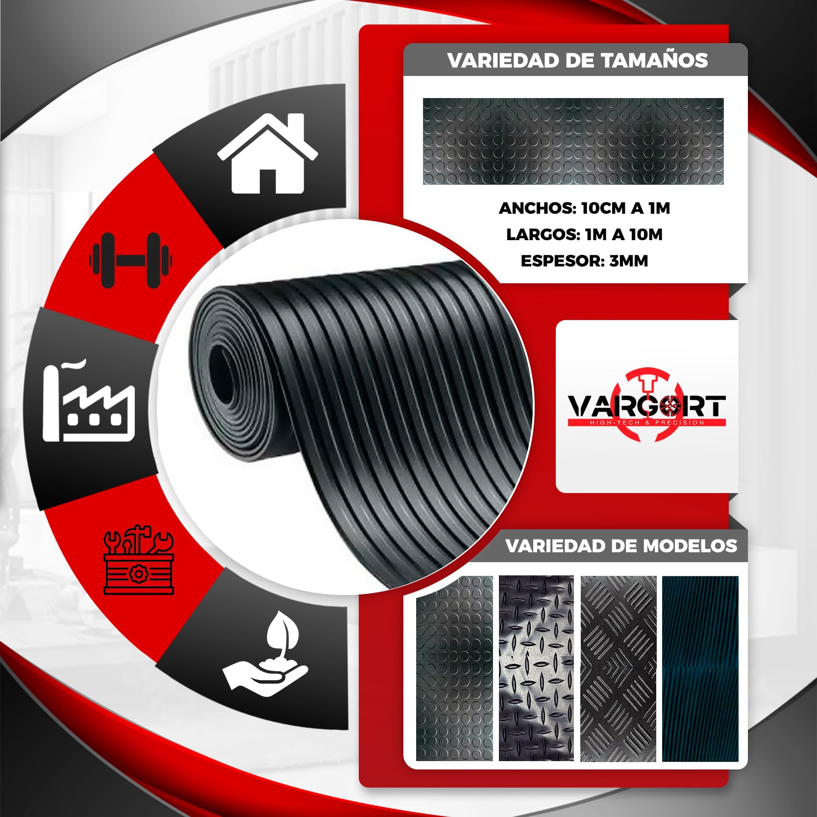 Suelo de Caucho antideslizante, Alfombra Goma rollo, diseño cordoncillo 1Mts(Ancho) x 2Mts(Largo) Espesor 3mm, Furgoneta, PVC Taller Antideslizante Suelo, moqueta resistente al Agua y Fácil de Limpiar