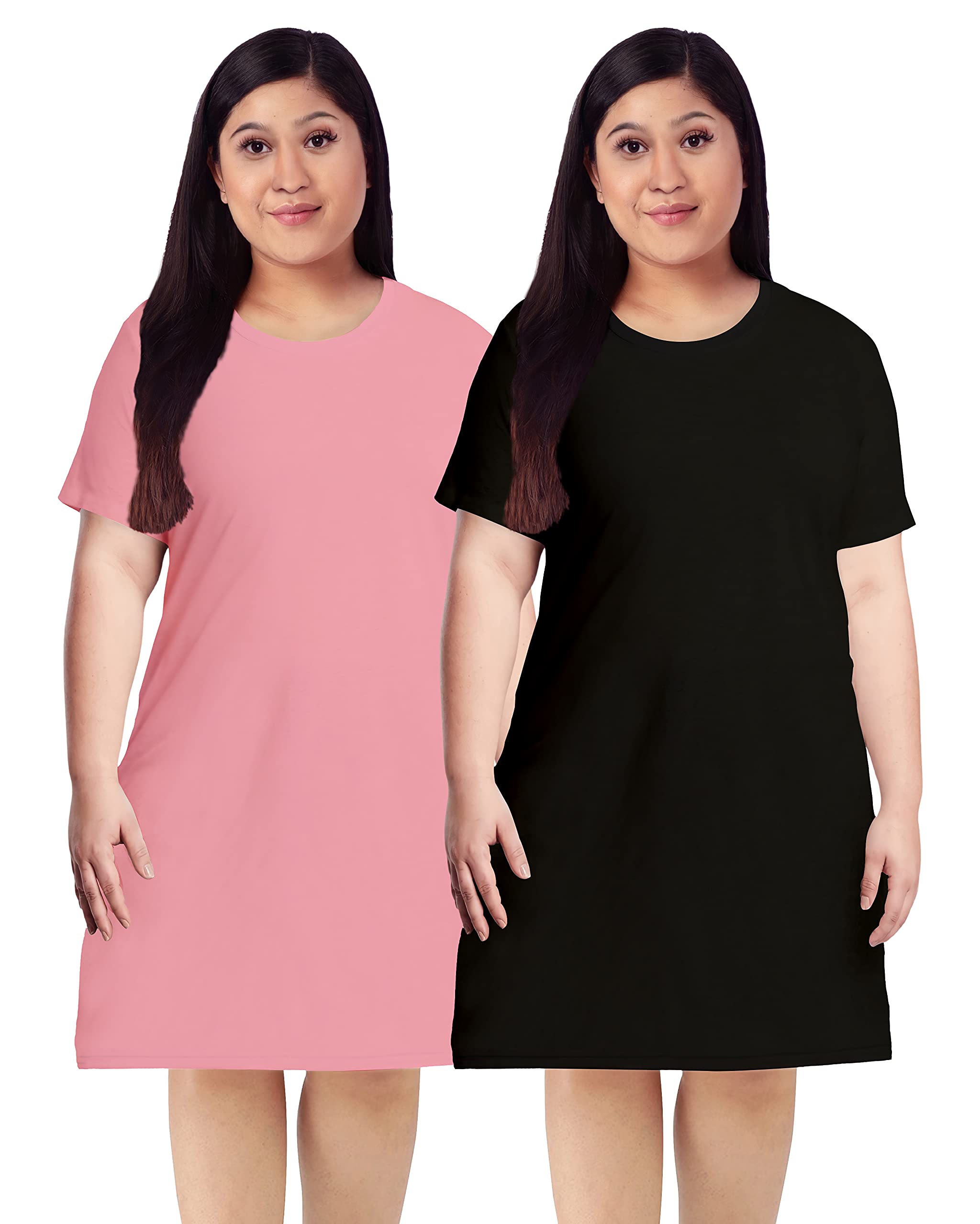 Women's Plus Size Long T-Shirt Pack of 2 with Black and Pink Round Neck Half Sleeve Plain Pootlu Tshirts.(Pooplu_Multicolored_4X-Large)-picture-50