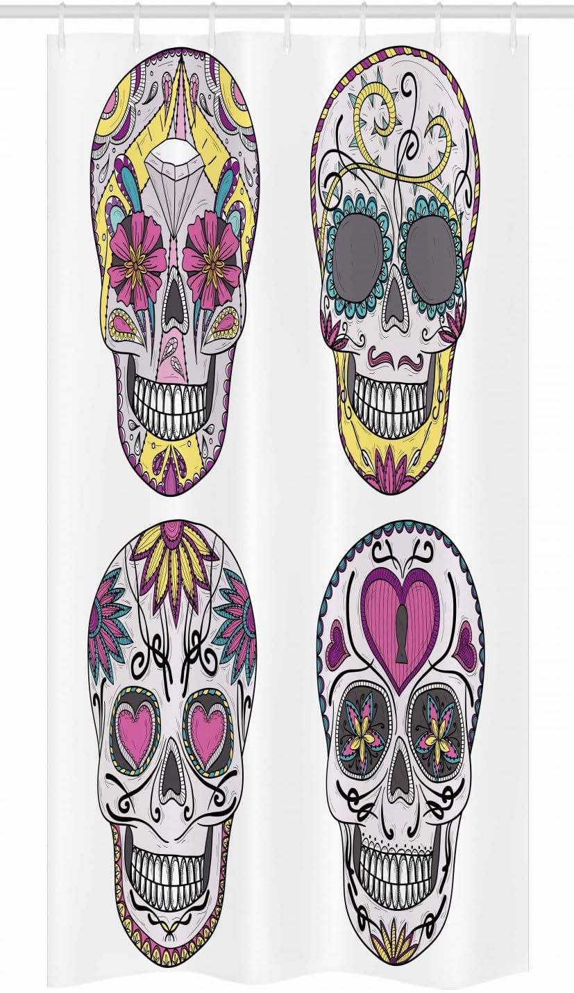 Ambesonne Skull Stall Shower Curtain, Colorful Ornate Mexican Sugar Shape Flower and Heart Pattern Calavera Humor, Fabric Bathroom Decor Set with Hooks, 36" W x 72" L, Plum Off White Pastel Yellow