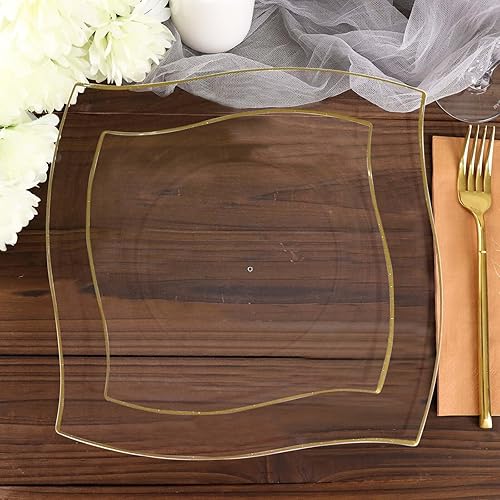Miniatura 6 de Efavormart - Paquete de 10 platos llanos cuadrados de plástico duro con borde ondulado transparente y dorado de 8 pulgadas, platos desechables para