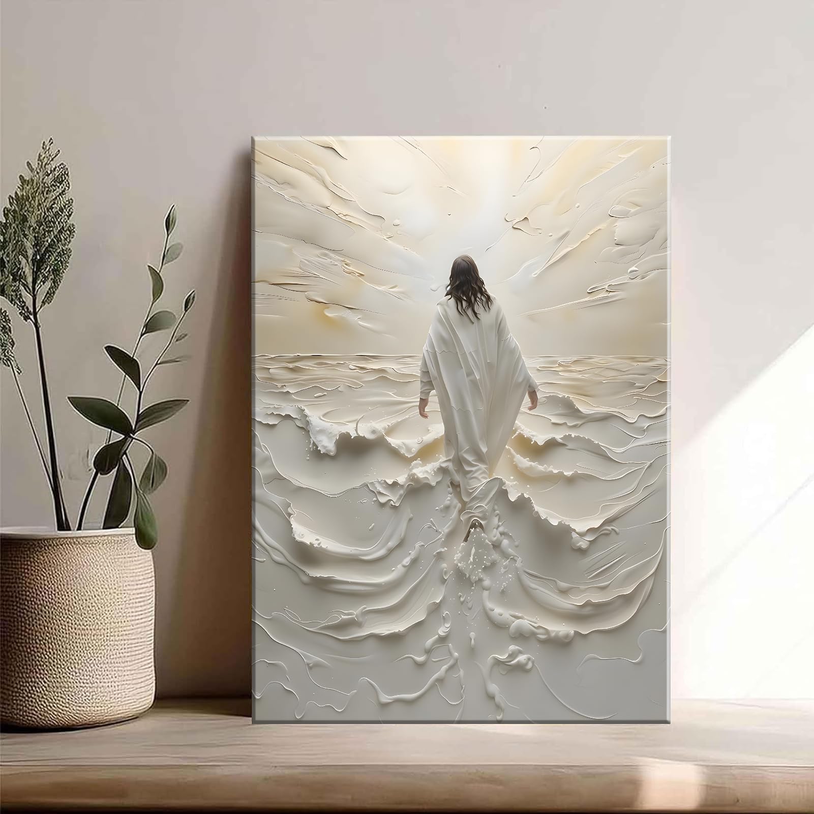 Abstract Jesus Walking on Water Canvas Wall Art Christian Spiritual Wall Decor Pictures Divine Light Modern Religious Posters Prints for Living Room Bedroom Church Decoration 12x16in