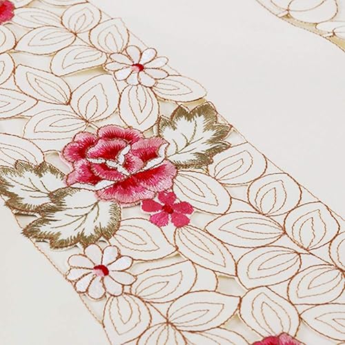 Miniatura 5 de Mantel de encaje bordado con flores cafés, color crema y beige, diseño clásico y tela que no se arruga para mesa de comedor