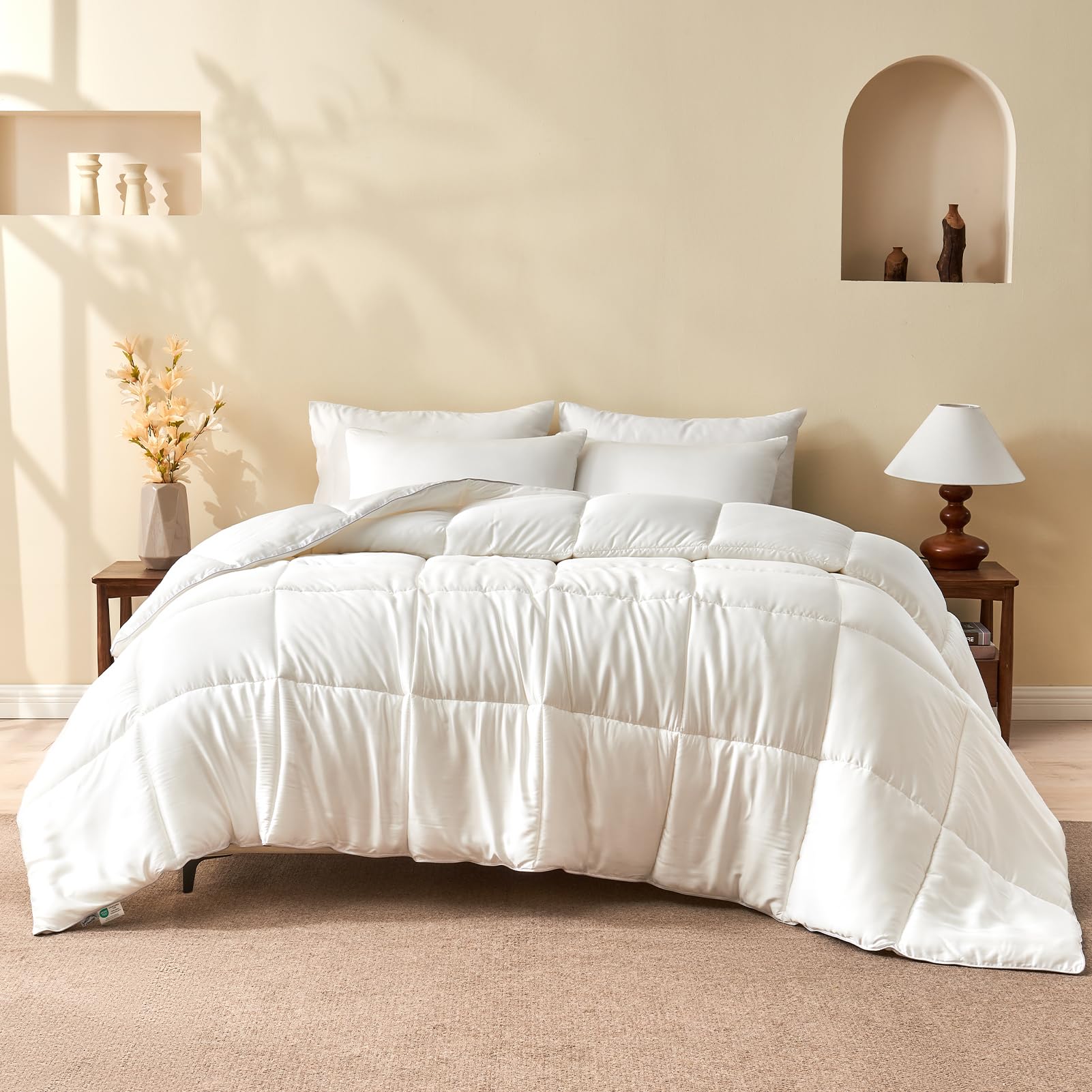 BPC 100% Rayon Derived from Bamboo Silk Blend Comforter King Size, ClimaSilk™ Cooling Comforter with 10% Silk Blend Fill, Down-Alternative Duvet Insert for All-Season, White, 106x90 Inches
